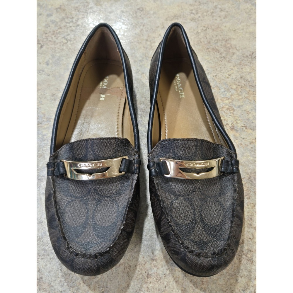 Coach Olympia Signature Monogram Loafers Brown Black Gold Hardware Size 9B